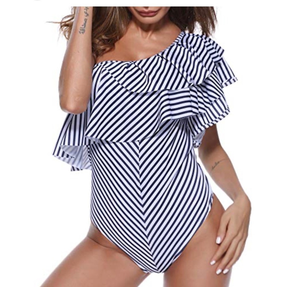 Striped One Shoulder Ruffle One Piece Swimsuit Navy White Nautical Cutout
